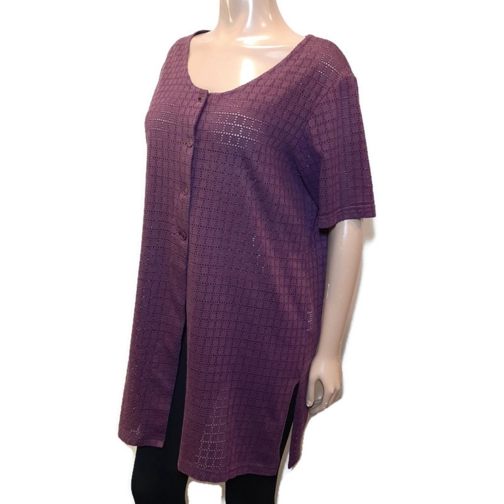 Vintage Bikini Village Buttoned Swim Cover Up Laser Cut Short Sleeve Purple